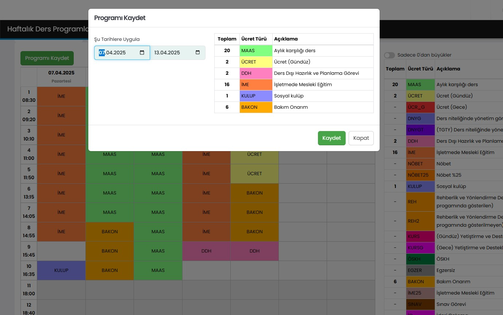 Haftalık Ders Programları - Kaydetme